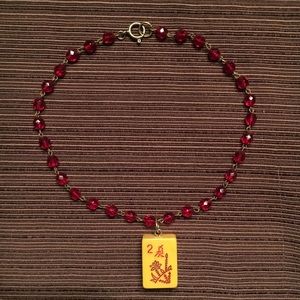 Handmade Beaded Choker with Mahjong Tile Charm